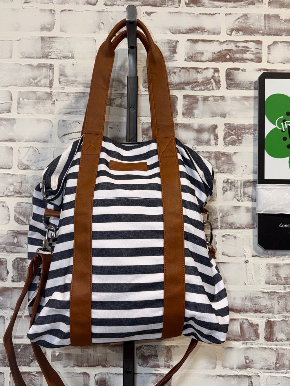 Striped Canvas Tote Bag with Brown Leather Trim 15”x15”